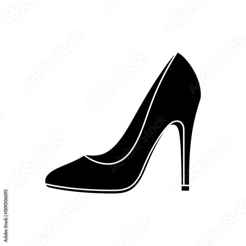 A sleek black high-heeled shoe with a white outline on a plain background