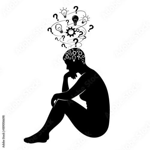 A person sits in deep thought with ideas and questions floating above their head