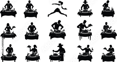 Silhouettes of people serving and eating turkey at a table with wine glasses and bottles