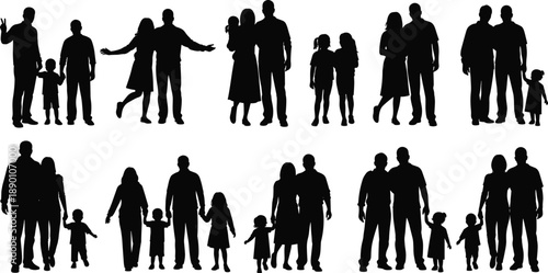 Silhouettes of diverse families and individuals in various poses and groupings black