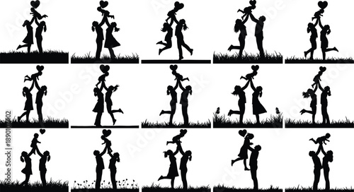 Silhouettes of couples embracing and jumping in love scenes on grassy fields with hearts