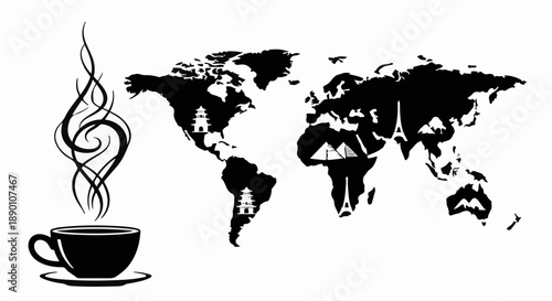 A steaming cup of coffee on a saucer, with a world map in the background showcasing iconic landmarks.