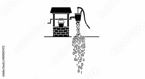 Old-fashioned water pump dispensing digital binary code into the ground.