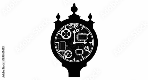 Intricate clock face with gears and mechanical details, symbolizing time and precision.