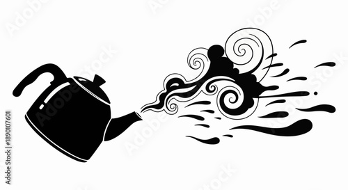 Whimsical kettle pouring a splash of creative steam and liquid