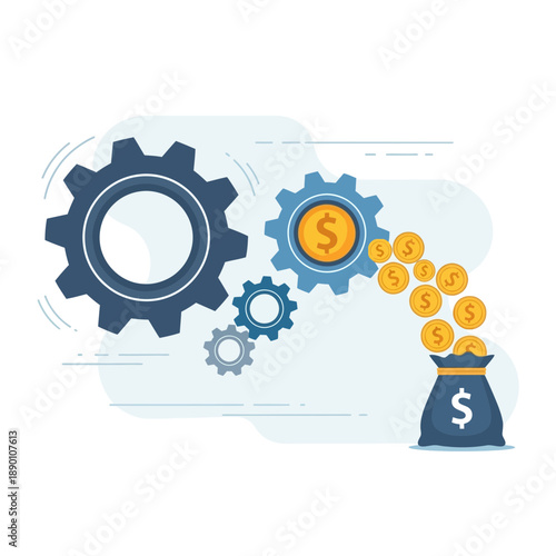 Gears driving financial growth, producing coins that fill a money bag, representing business success and profit generation.