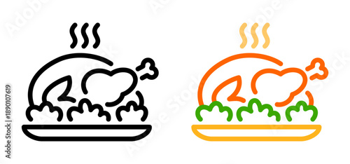 Cooked chicken line icon. Roast poultry dish on plate in simple outline vector style for restaurant branding, menu icons and food graphics. Isolated.