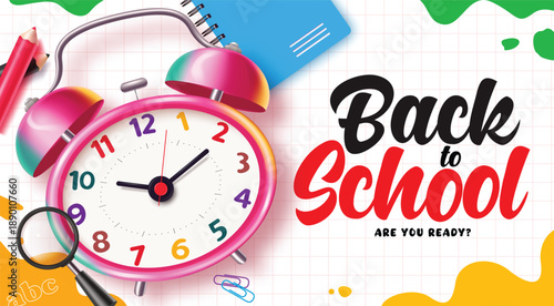 Back to School Banner with Pink Alarm Clock, Notebook, and Stationery on White Grid Background