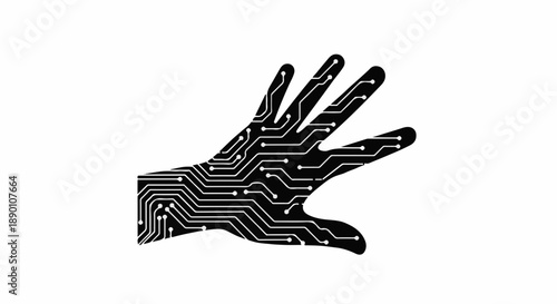 Digital hand with intricate circuit board patterns symbolizing technology and human connection