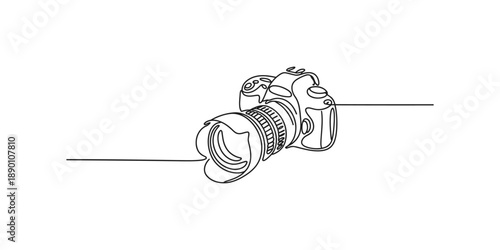 A minimalist single continuous line drawing capturing a professional dslr camera
