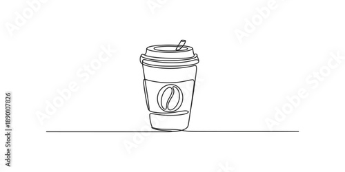 Continuous line art illustration featuring a takeaway coffee cup on a clean background