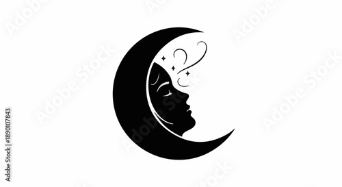 Mysterious crescent moon profile with serene face and swirling celestial elements