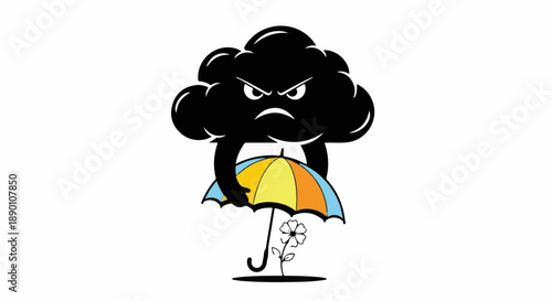 Fierce storm cloud menacingly holding an umbrella over a delicate flower