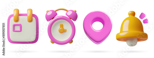 Date, time, address and notification 3d icons set. Calendar, alarm clock, location pin and ringing bell vector illustrations for business.