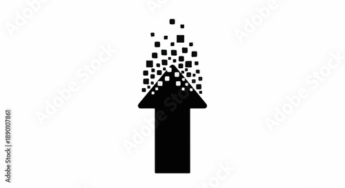 Black arrow dissolving into digital pixels, symbolizing data transformation or progress.