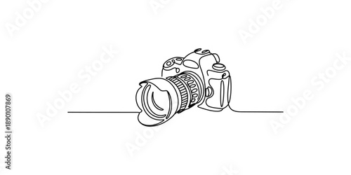 Continuous line drawing of a professional digital slr camera with a lens and hood
