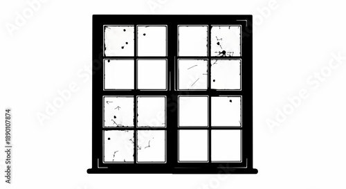 Broken window pane with dark frame against a white background, symbolizing destruction or neglect.