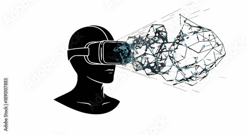 Person experiencing virtual reality, with digital data streams emanating from headset.