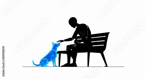 Person gently touching a glowing blue holographic dog on a park bench, symbolizing connection and technology.