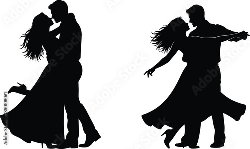 Silhouette of two couples dancing in dresses and suits ballroom dance