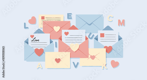 Collection of Love Letters and Envelopes with Hearts.
