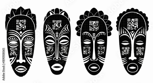 Four stylized tribal masks with intricate patterns and QR codes, symbolizing cultural heritage and modern technology.