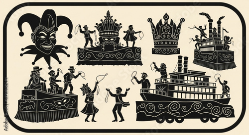 Vintage Carnival Illustration with Jester Mask, Crown, and Paddle Steamer