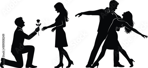 Silhouette of man proposing with rose and couple kissing in formal attire woman