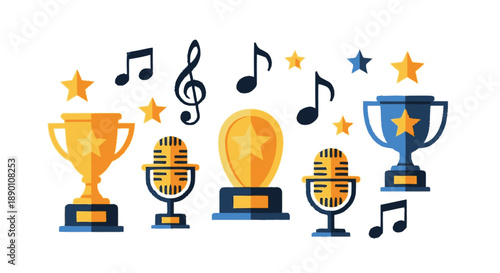 Music Competition Awards and Trophies with Microphones and Notes.