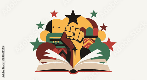 Open Book with Raised Fist and Stars Symbolizing Knowledge and Power.