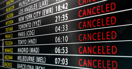 International airport departure board filled with cancelled long haul flights to major cities, bold red cancellation messages conveying disruption, uncertainty, and large scale transportation failure.