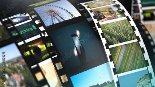 Vintage style film reel background with multiple image frames, symbolizing cinematic history, analog photography, creative workflows, media storage, and visual storytelling in modern digital contexts.