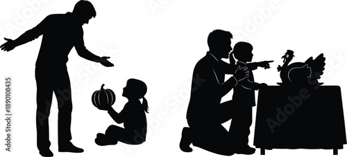 Silhouette of family preparing Thanksgiving dinner with turkey and pumpkin