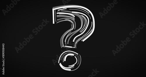 Stylized animated question mark made of layered motion lines on a dark background, representing questions, exploration, curiosity, innovation, creative thinking, and abstract visual communication