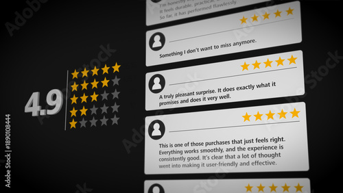 Dark themed customer review visualization featuring star ratings and feedback cards, representing online reputation, user trust, social proof, and customer experience in e-commerce platforms.