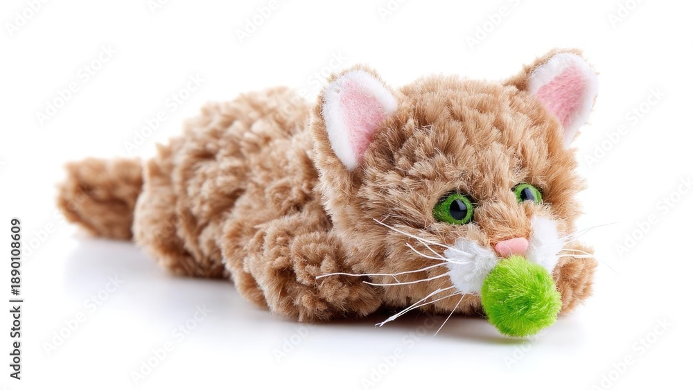 Fototapeta premium Plush orange tabby cat toy with a green pom-pom in its mouth. Concept Plush orange tabby cat toy, Green pom-pom in mouth, Soft plush texture, Close-up detail, Cute playful prop