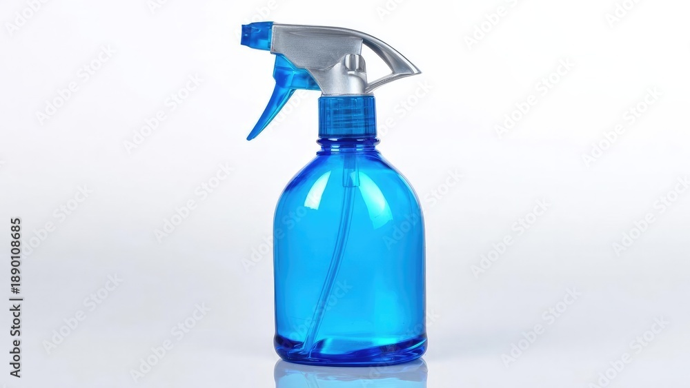 Fototapeta premium Blue spray bottle with trigger nozzle filled with blue liquid. Concept Blue spray bottle, Trigger nozzle, Blue liquid, Close-up product shot, Everyday objects