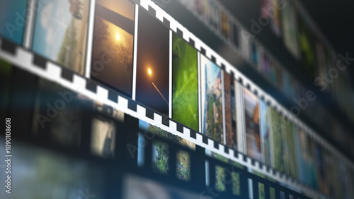 Dynamic vintage film strip collage showing multiple photographic frames in perspective, symbolizing media archives, storytelling, visual memory, analog cinema history, and creative content production