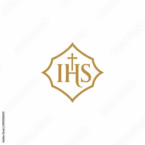 IHS Christogram with Cross in Ornate Gold Frame.