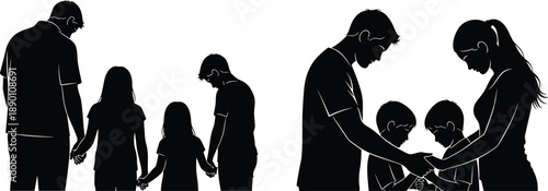 Silhouette of a family holding hands and praying together togetherness