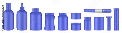 Set of medical pill bottles. Ultramarine blue jar with lid. Plastic medicine container. 3d mockup of a packaging for pharmacy. Effervescent tablet tubes, insulin pen