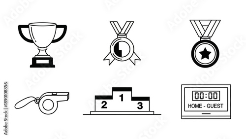 Sports Icons Trophy Medal Whistle Podium Timer.