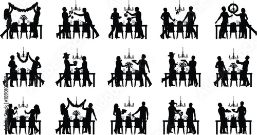 Silhouette couples exchanging gifts and decorations at a dining table with chandeliers and wreaths