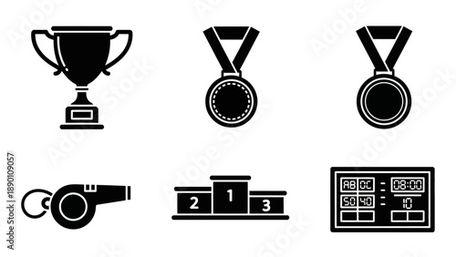 Trophies Medals Whistle Podium Scoreboard Icons.