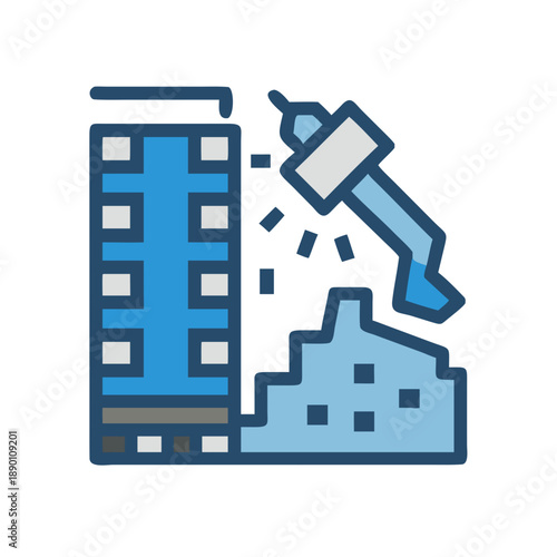 Stylized illustration of a building demolition with hydraulic breaker on a black background