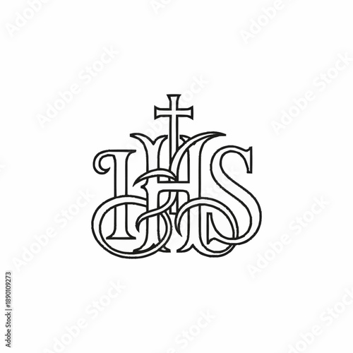 IHS Christogram with Cross Religious Symbol Black and White Outline.
