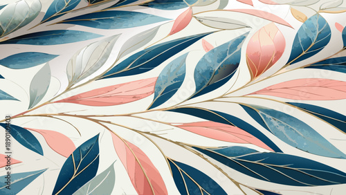 Vibrant botanical artwork of dynamic flowing leaves in blue pink and gray hues