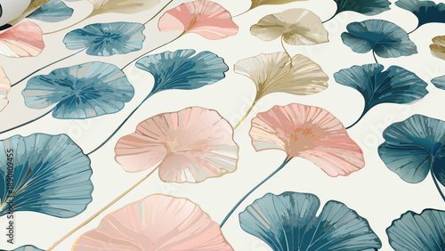 Colorful artistic illustration of ginkgo leaves in shades of pink blue and beige on white background
