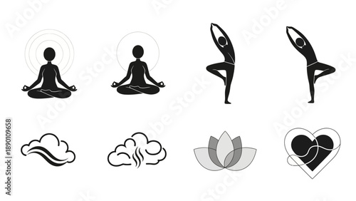 Yoga Poses and Wellness Symbols Illustration Set.