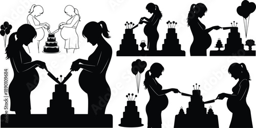 Pregnant women cutting cakes in silhouette style celebration